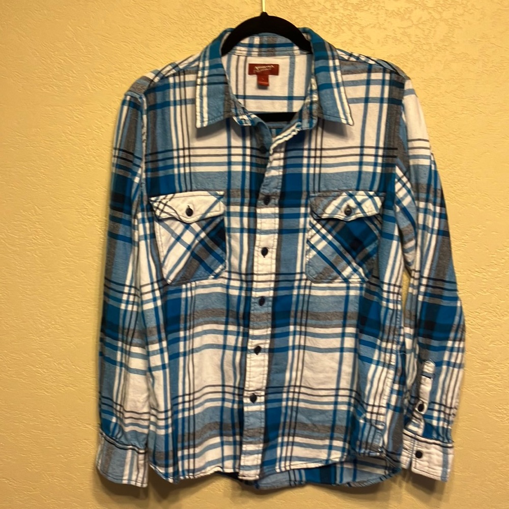 🔔2/$15 ARIZONA JEAN CO MENS SZ L NAVY LIGHT BLUE GRAY & WHITE PLAID FLANNEL